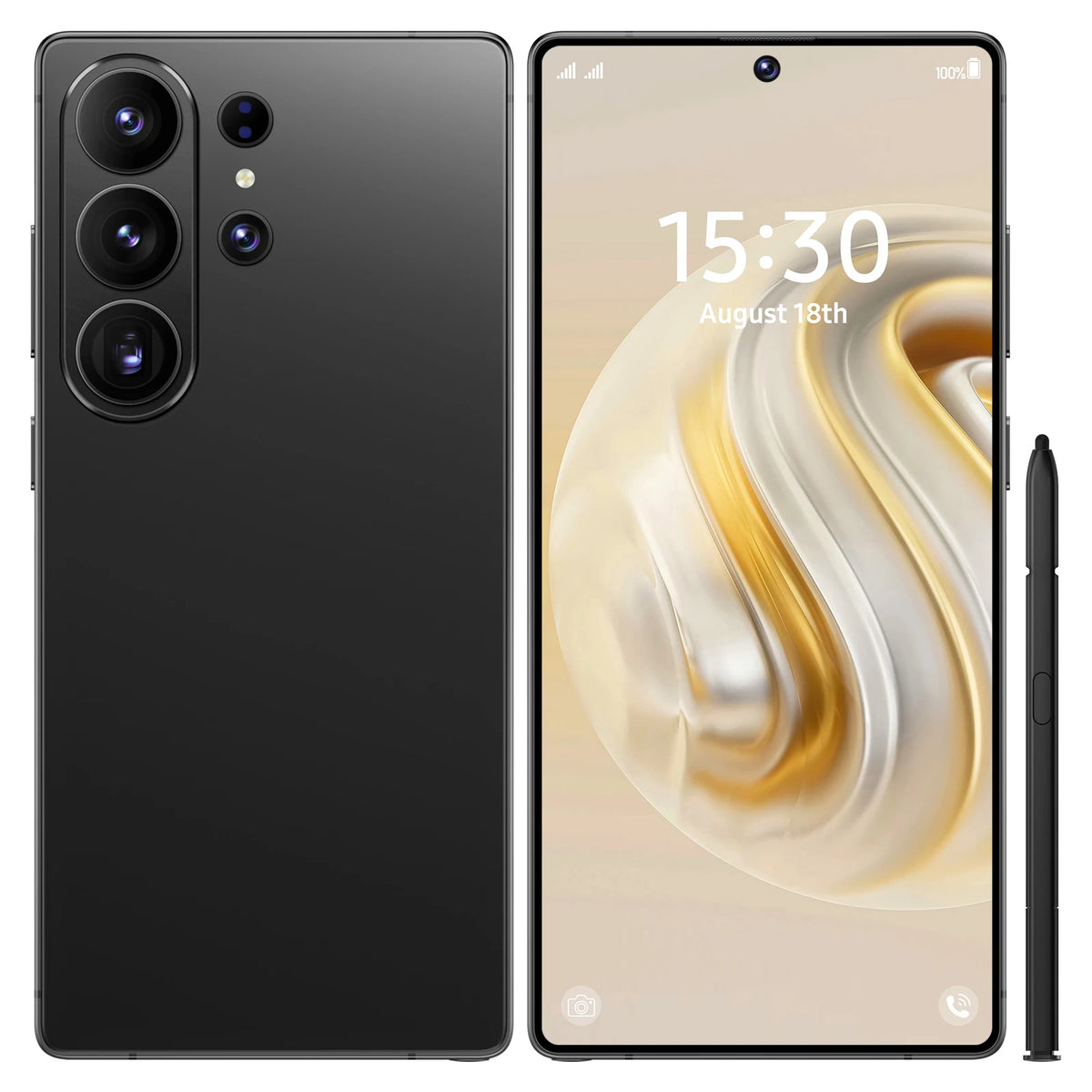 Black smartphone with triple camera array, front display, and black stylus