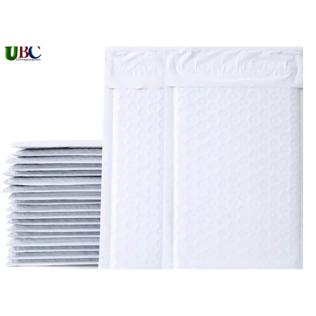 White bubble poly mailer bags stacked in a pack with honeycomb texture.