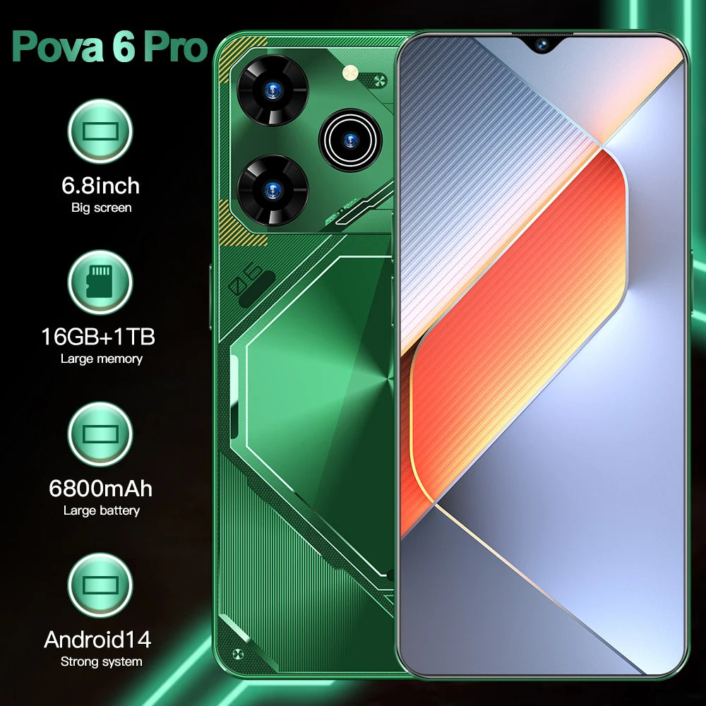 Unlocked Pova 6 Pro 5G Smartphone 16GB RAM 1TB ROM Long Battery Life Dual SIM Android Smart 5G Phone - Tidesmit