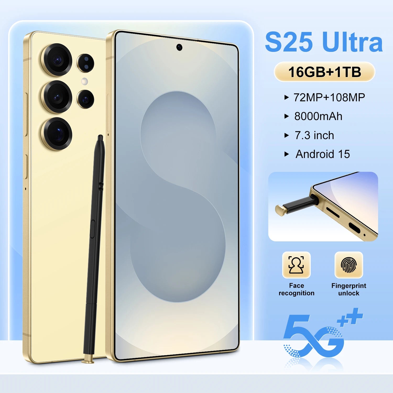 Tidesmit S25 Ultra 7-inch smartphone with 108MP camera, 7800mAh battery, and stylus pen in black finish.