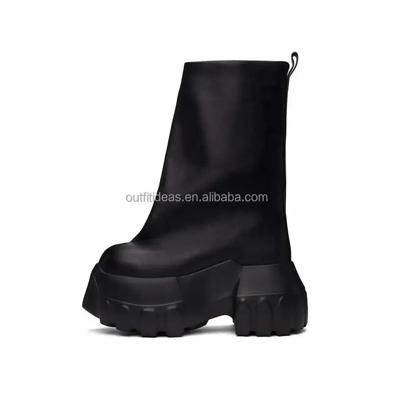 Round Toe Calf Leather Original Unisex Women High Block Heel Platform Dress Shoes Black Men Hollywood Flared Mega Tractor Boots