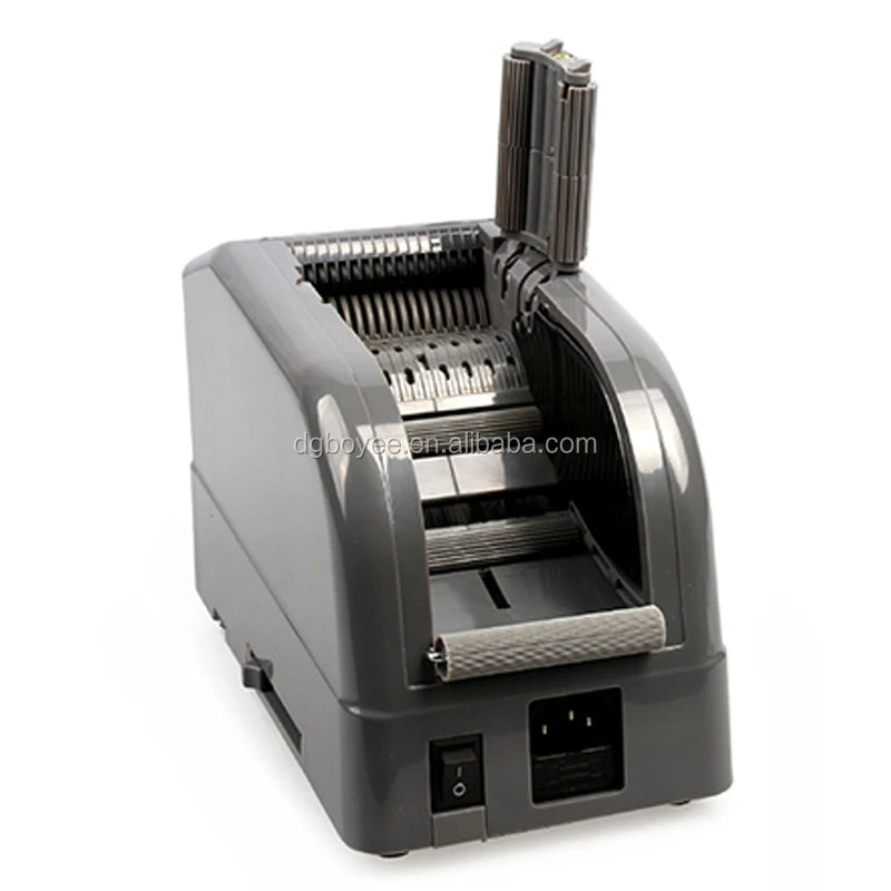 Automatic tape dispenser with tape feed rollers and front power and power outlet ports