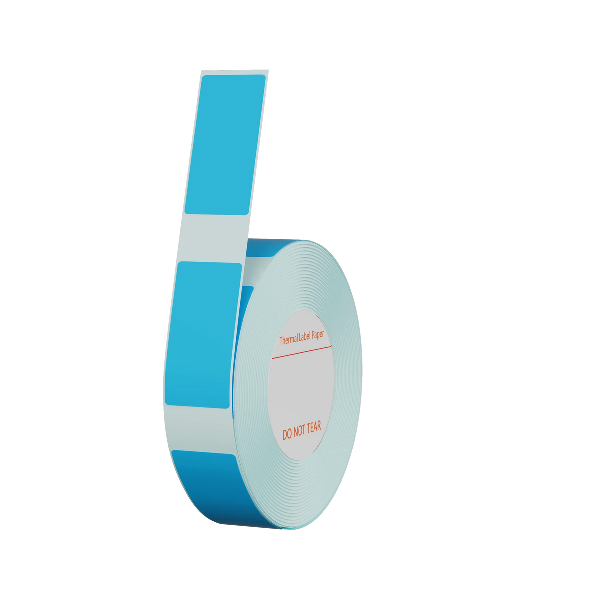 Blue thermal label sticker roll with a gray printed label and red “Do Not Tear” text