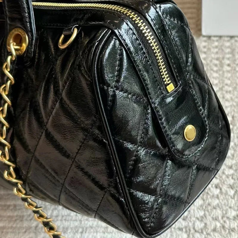 Quiet Luxury Icon Shiny Diamond Quilted Barrel Satchel for Yacht Vacation and Gala Dinner Sophisticated Aesthetic Handbag