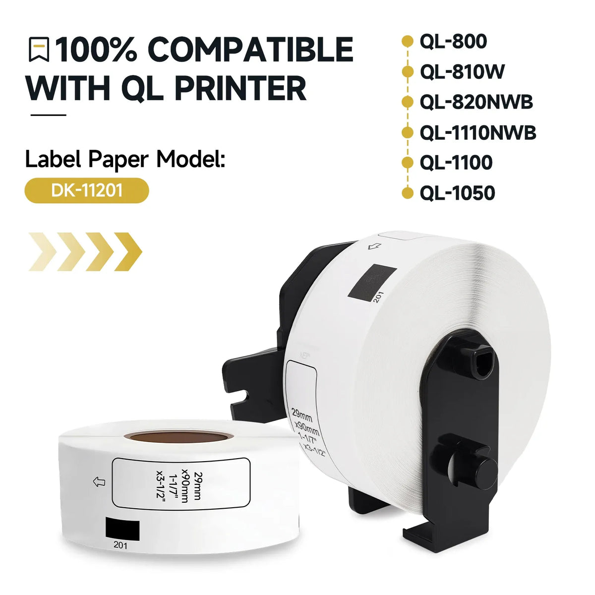 White thermal address label roll with black cartridge and a printed label strip