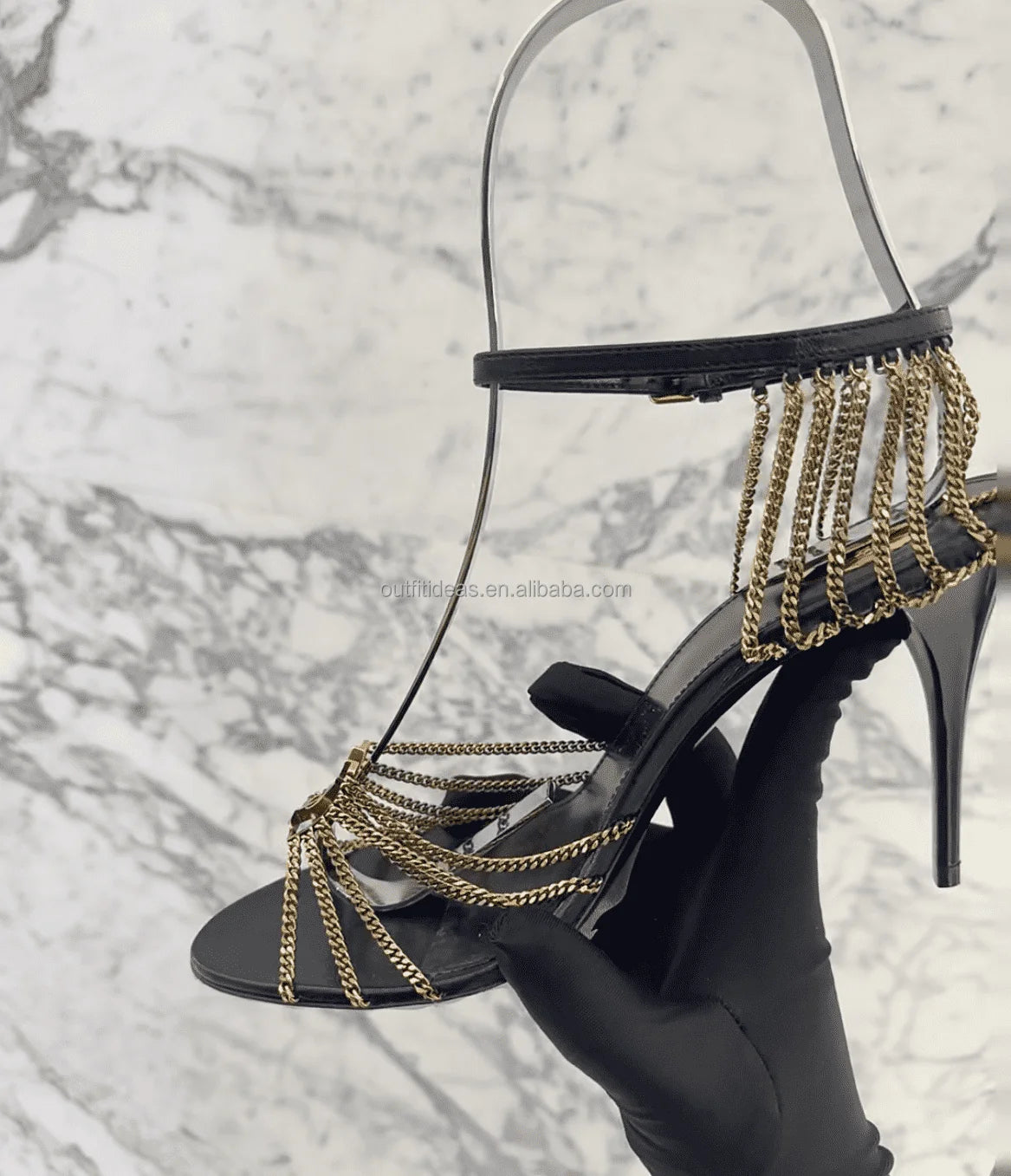 Lambskin Metal Design Black Party Sandal Top Quality 3.5 Inches Heels Ankle Chain Straps Pumps Women Leather Babylone Sandals