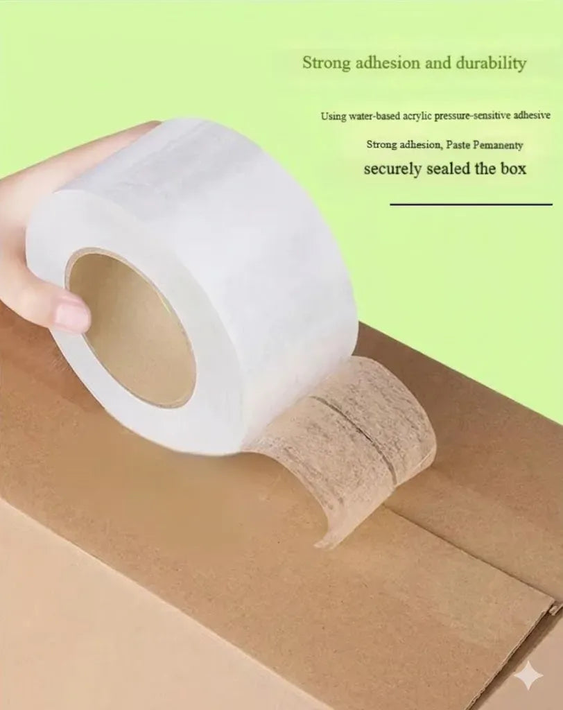 Hand holding clear packing tape roll sealing a cardboard box