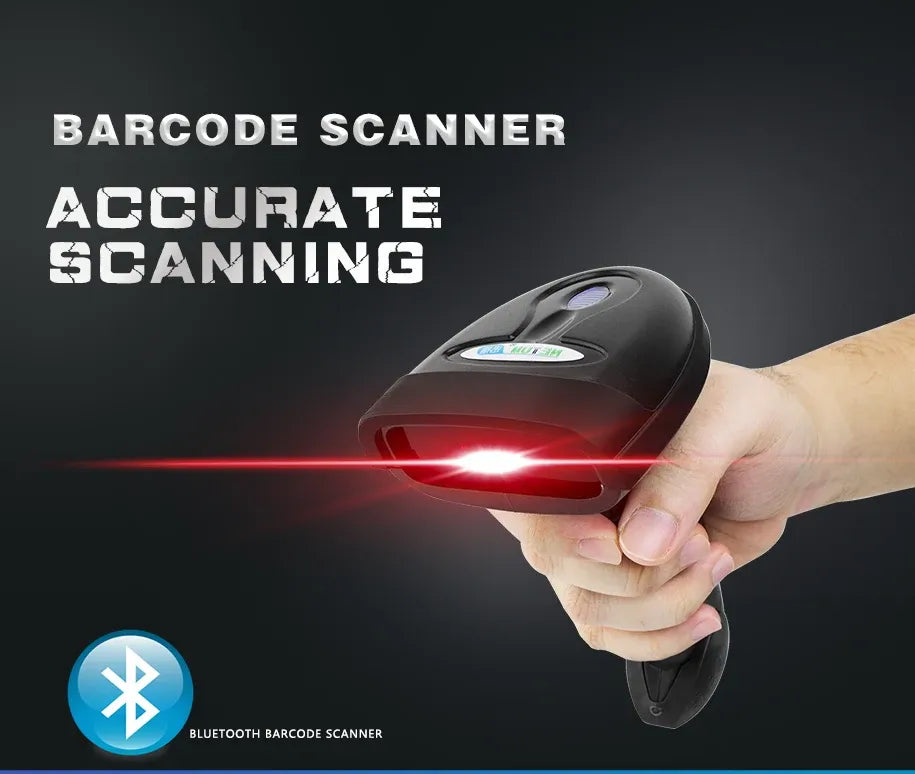 Handheld barcode scanner in hand with red laser beam and Bluetooth barcode icon
