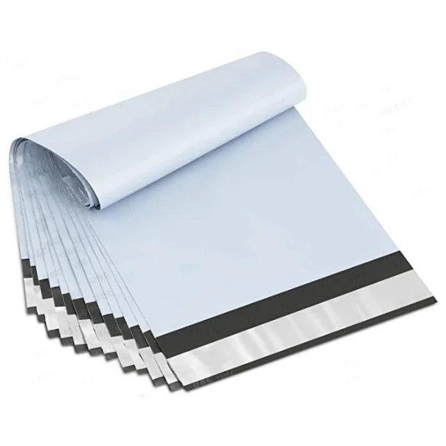 White poly mailer bag roll with black-and-silver stripe and stacked layers