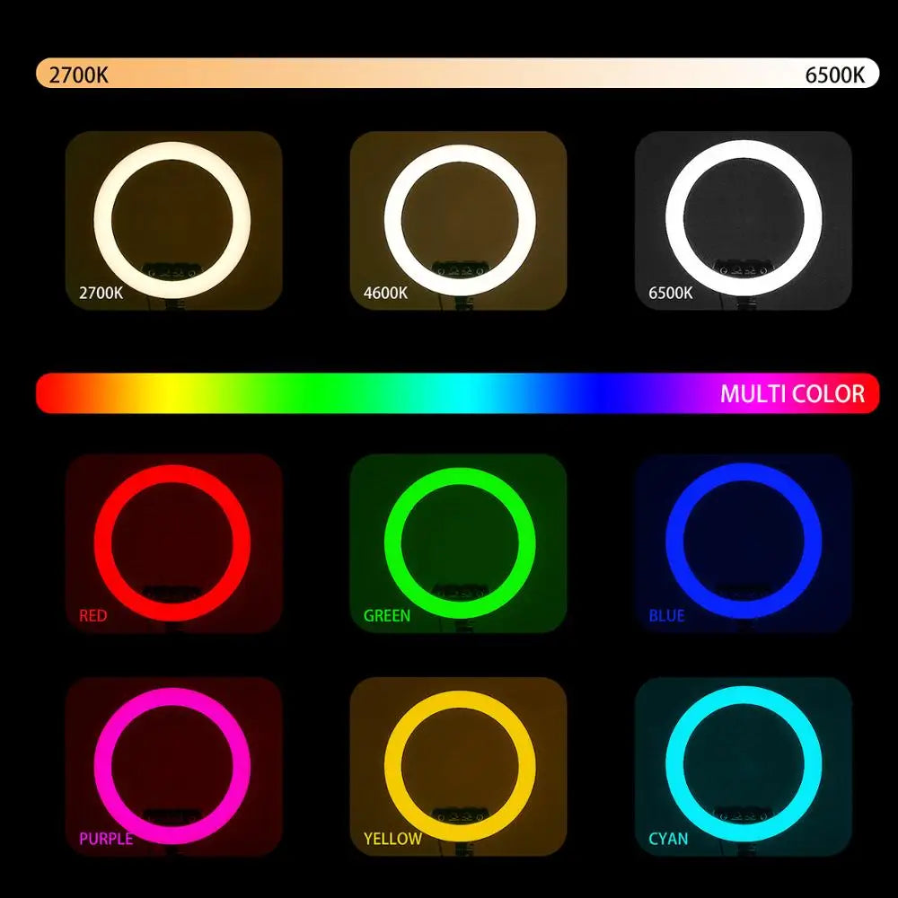 Circular LED ring light showing adjustable white color temperatures from 2700K to 6500K and multiple RGB color settings.