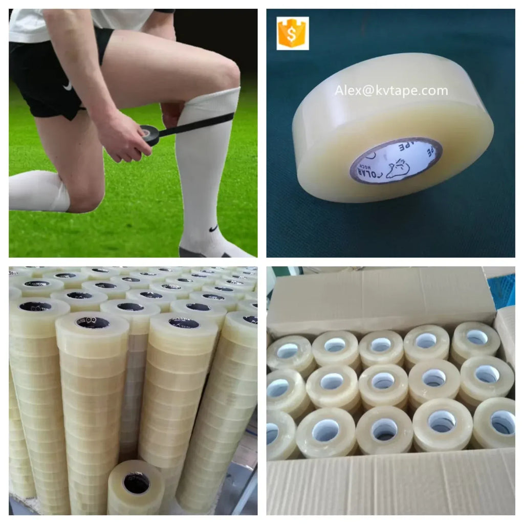 White grip tape on a shin sock with adhesive tape rolls