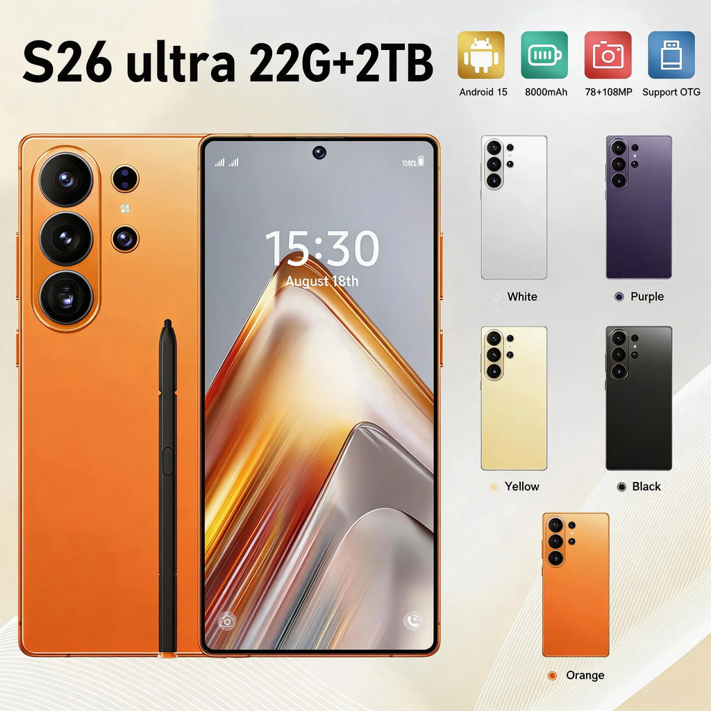 S26 Ultra 5G smartphone with 7.3 inch full screen, 22GB RAM, 2TB storage, and built-in pen, silver side view