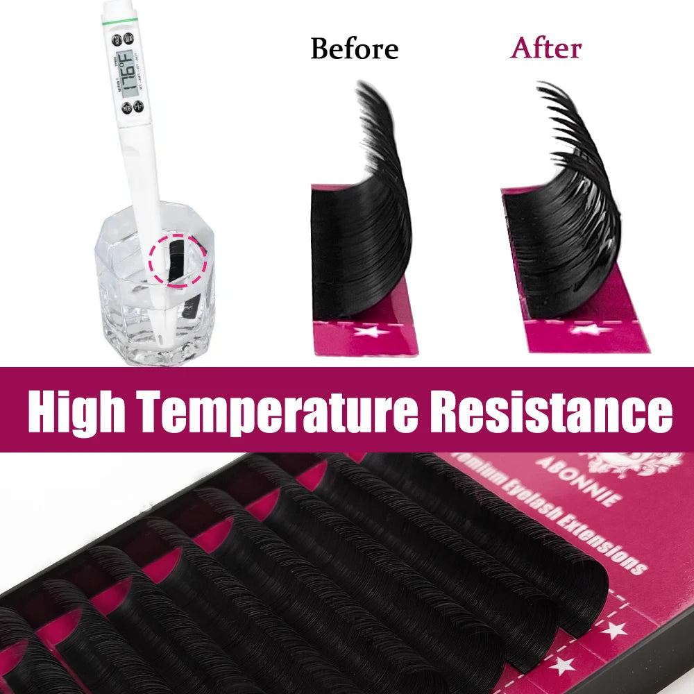 Abonnie eyelash extensions showing high temperature resistance test before and after, plus the full lash product tray.