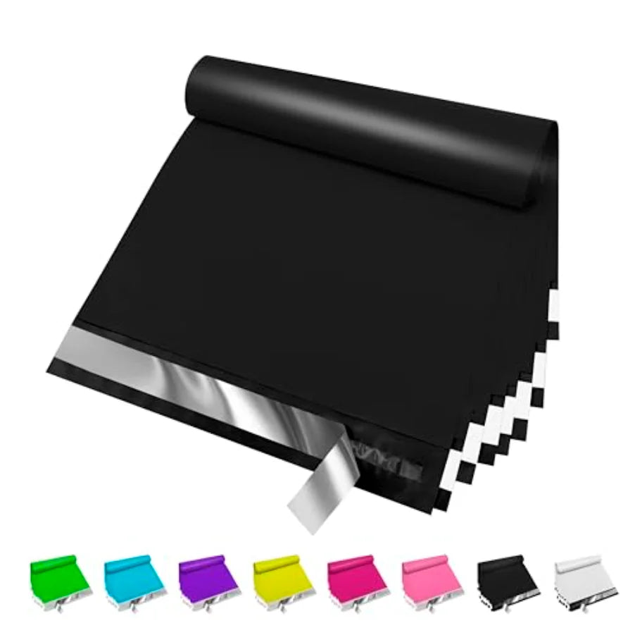 Black waterproof self-sealing poly mailer pouch set with adhesive strip closure