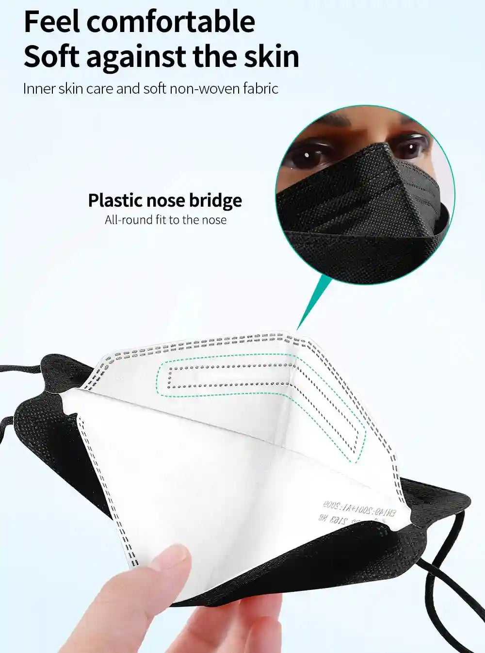Black 4-layer FFP2 KN95 face mask with soft white non-woven inner fabric and adjustable plastic nose bridge.