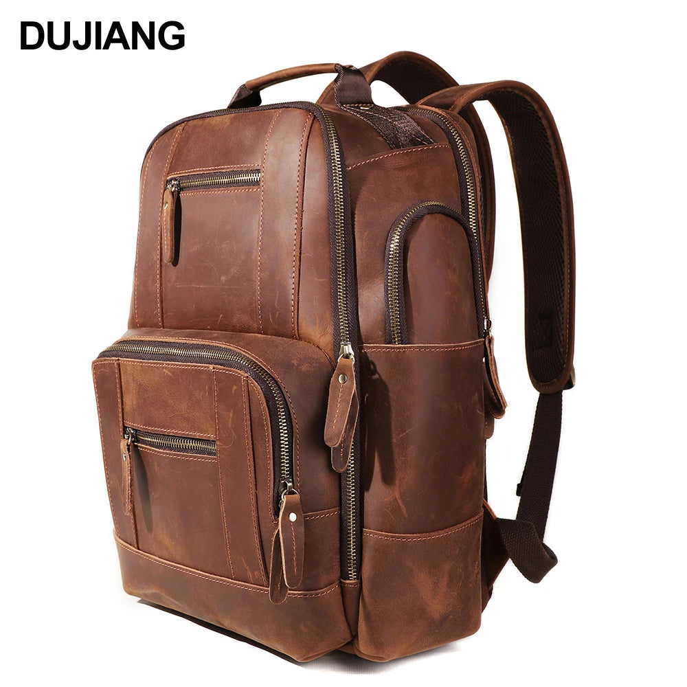 Premium Men's Crazy Horse Leather Backpack Large Capacity Business Casual Style with Fashion Accessory Shoulder Straps