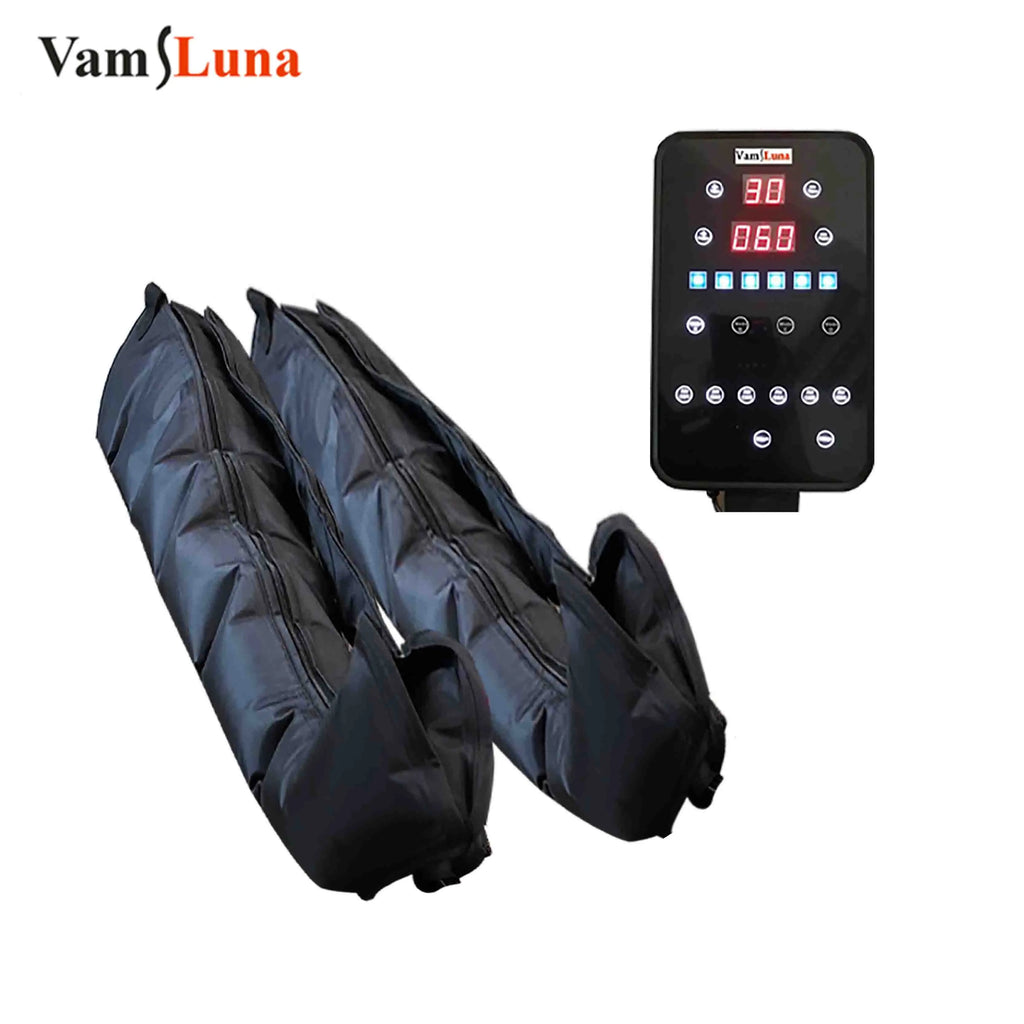 XXL black air compression leg massage boots with digital controller for sequential therapy and circulation recovery.