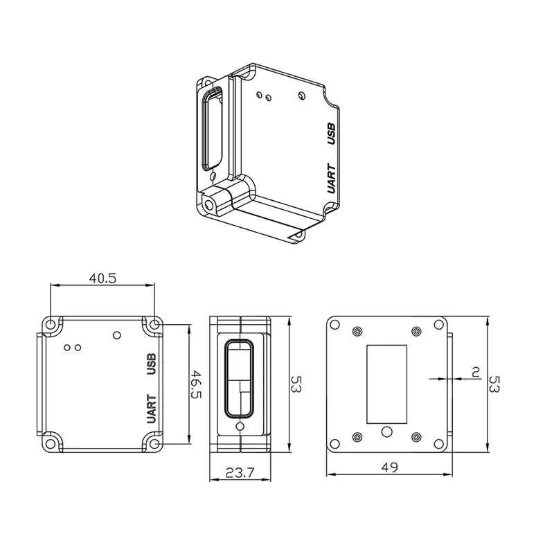 2D barcode scanner housing diagram showing USB and UART port placement