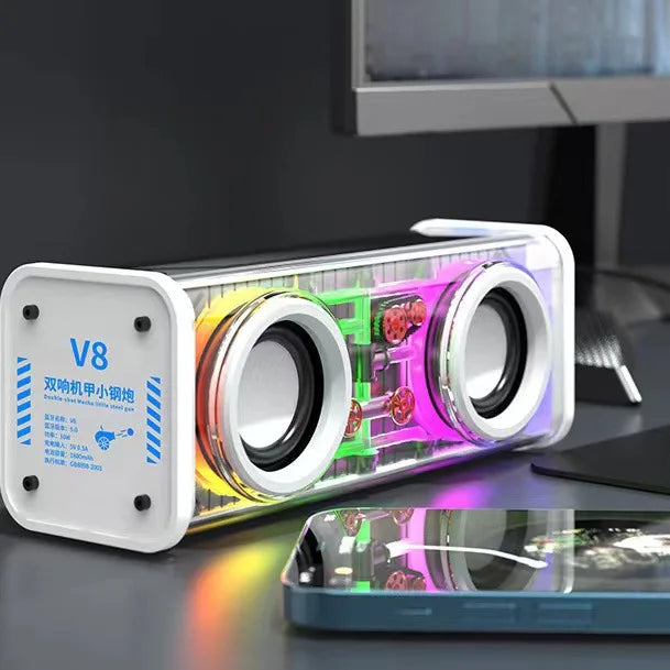 V8 Mecha Bluetooth Speaker RGB Atmosphere Light High-Power 10W Mini Stereo Heavy Subwoofer for Home Car Supports Memory Card V8 double ring white My Store