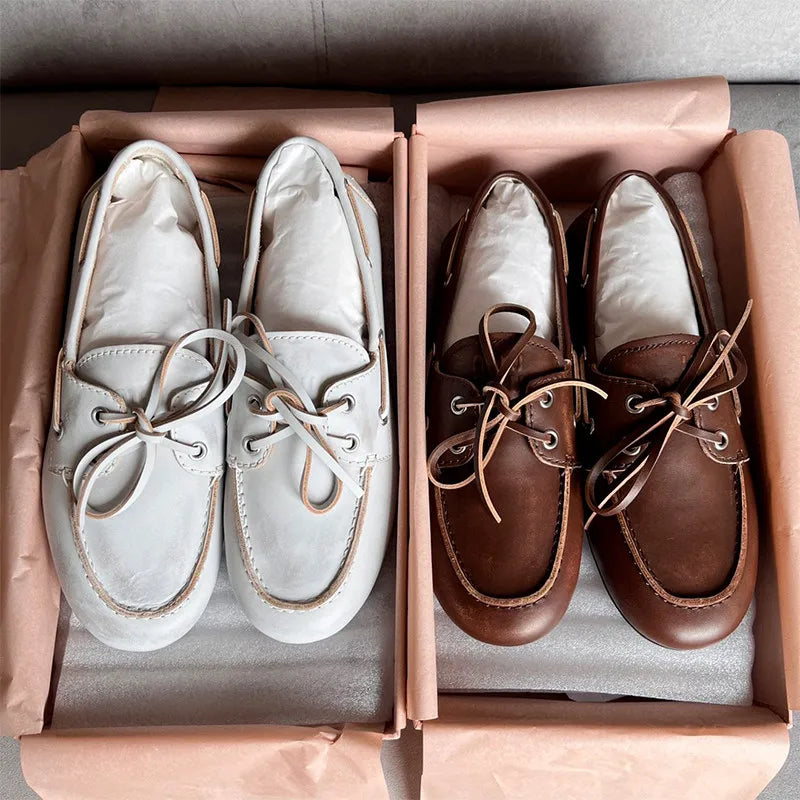 Hot Selling Spring Women's Retro Brown Bow Genuine Leather Driving Shoes Flat Soled Sheepskin Outsole Calf Leather Loafers