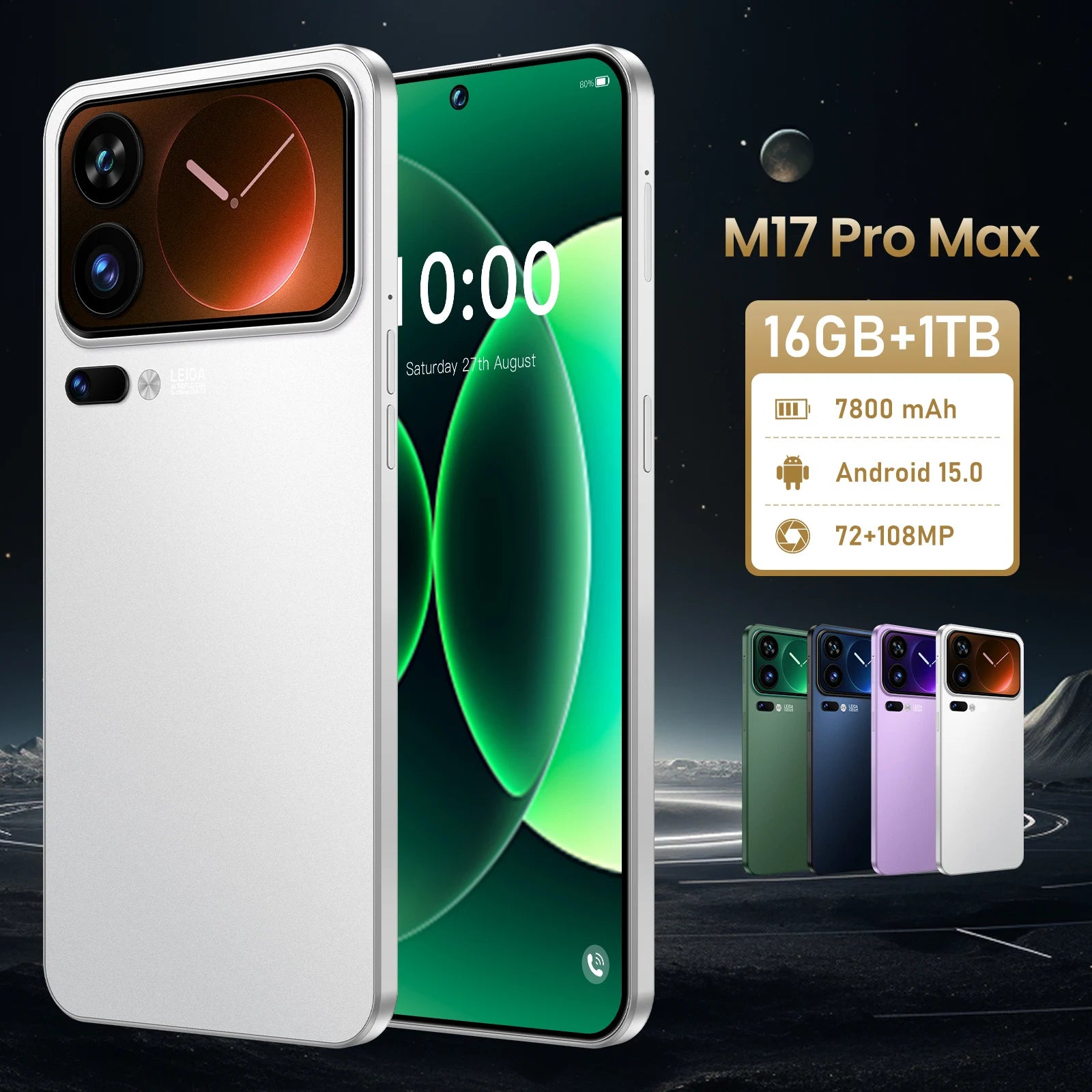 Tidesmit M17 Pro Max 5G smartphone featuring 108MP camera, 16GB RAM, and 1TB storage in sleek wholesale design.