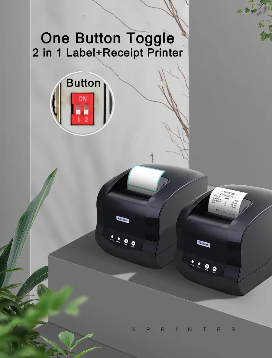 Black thermal label and receipt printer showing power button and paper output
