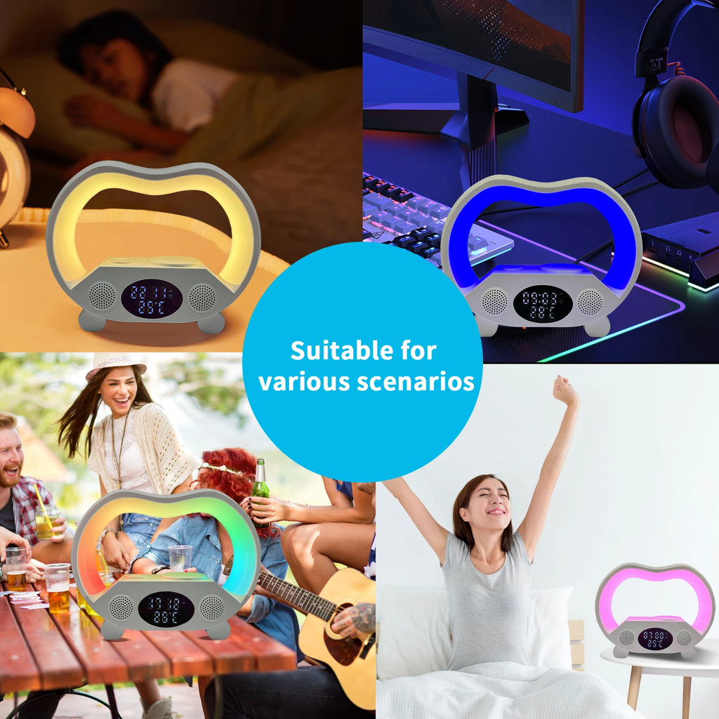 Multifunctional G Shape Wireless Charger Led Lamp Alarm Clock RGB Night Light 15W Phone Wireless Charger and Speaker Lamp Tidesmit