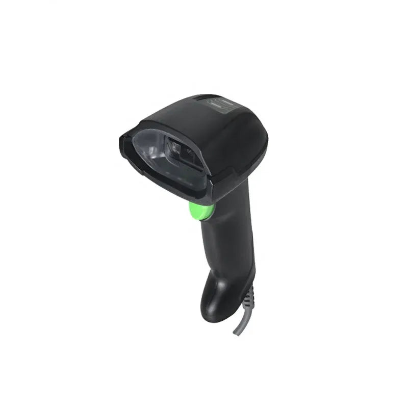 Handheld wireless barcode scanner head with clear scanning window and green indicator