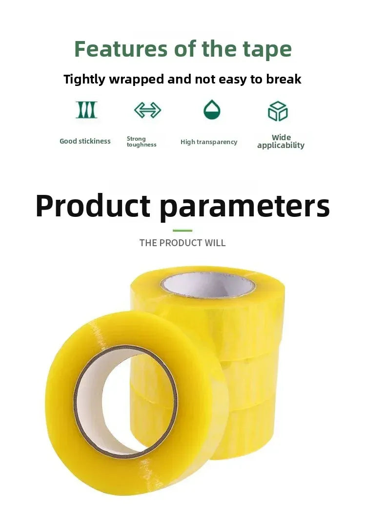 Yellow carton sealing tape rolls, tightly wound on gray inner cores