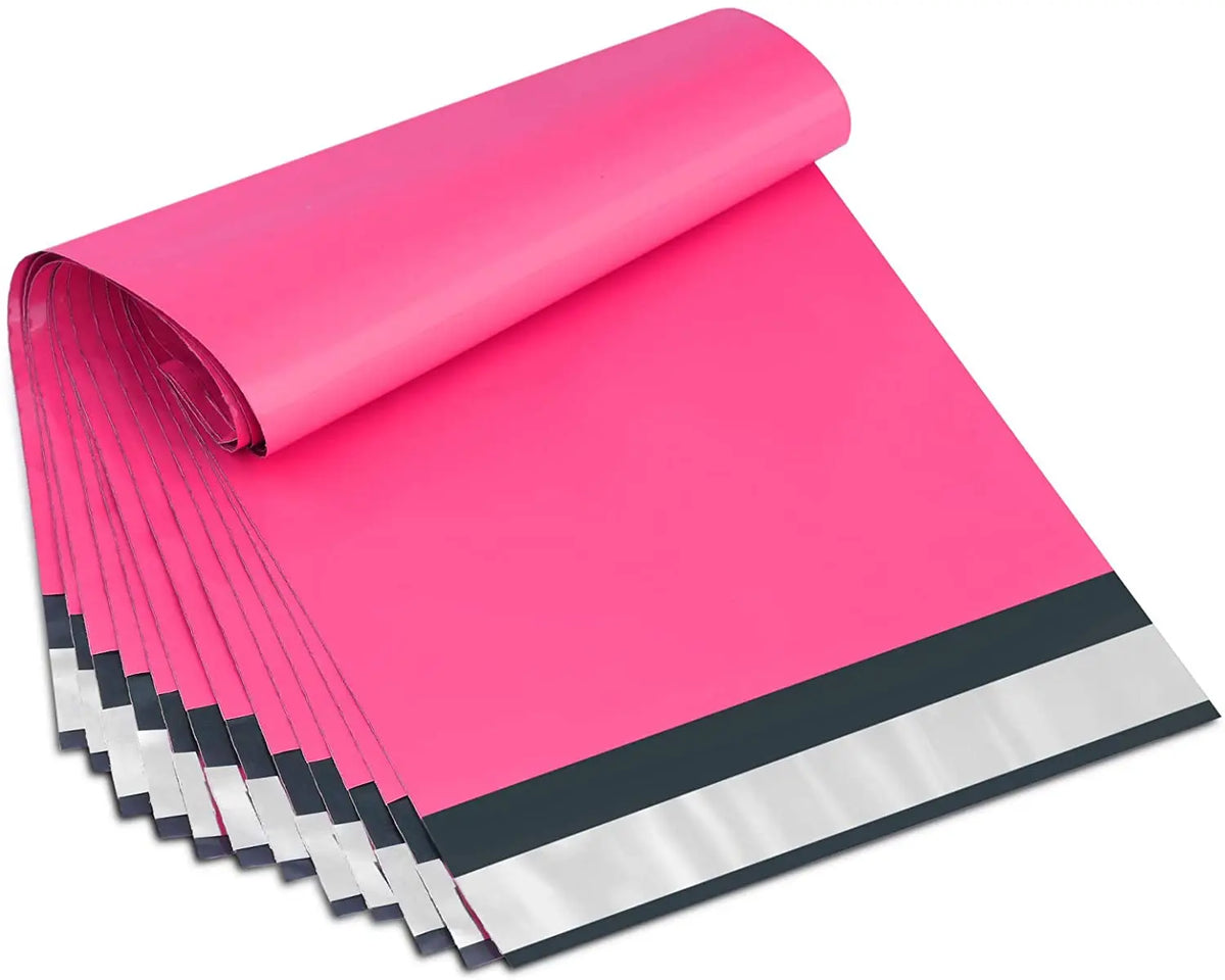 Pink poly mailer bag roll with black-and-silver stripe along the edge