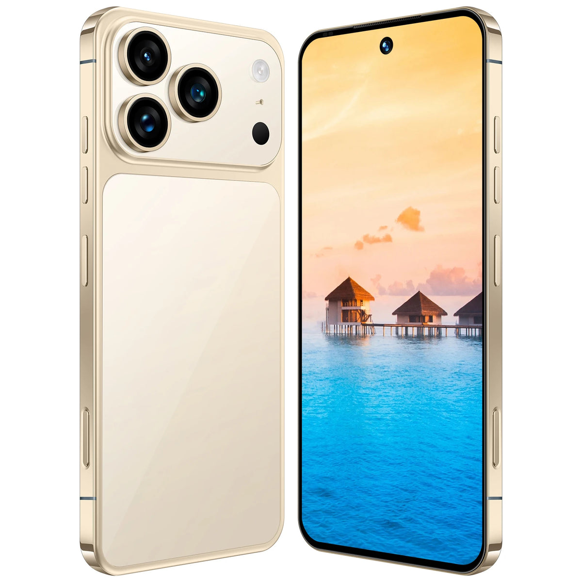 Gold 5G smartphone, front and back view, triple rear cameras and curved display