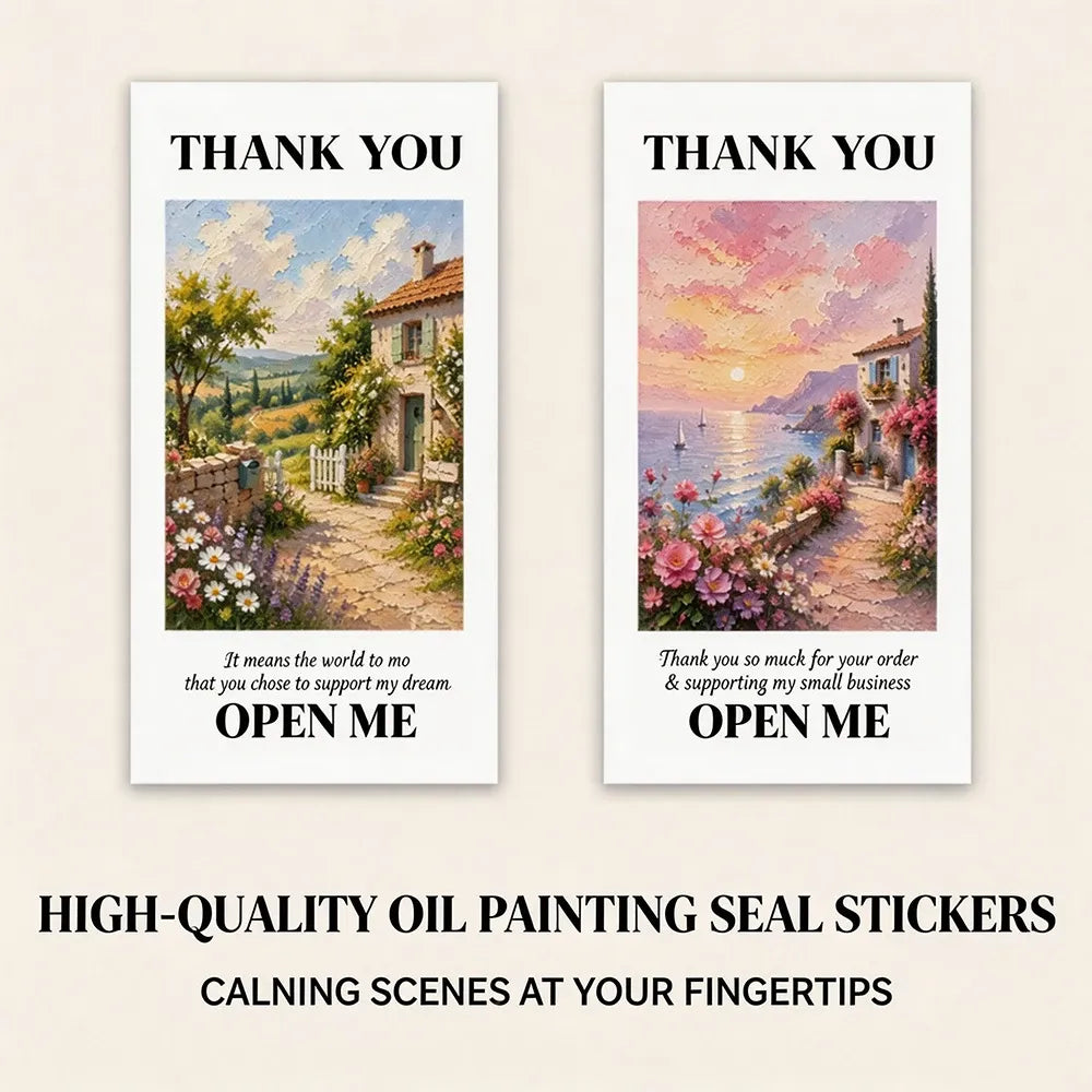 Oil painting landscape seal stickers with "OPEN ME" text on thank-you card seals