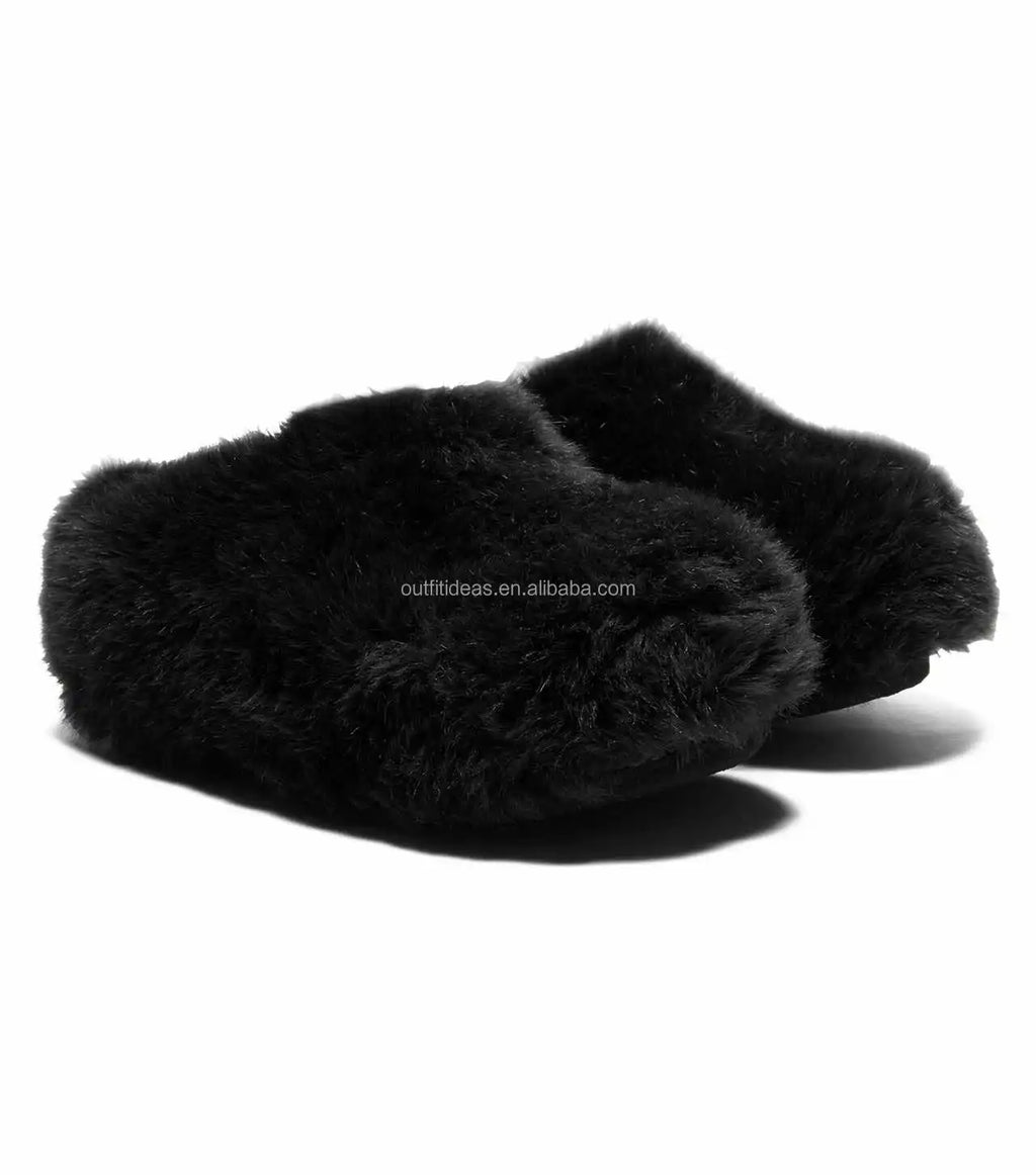 Winter Warm Shoes Cold Round Toe Luxury Unisex Men Snow Clog Warm Clog Fur Black Shearling Slippers Women Black Fur Clog