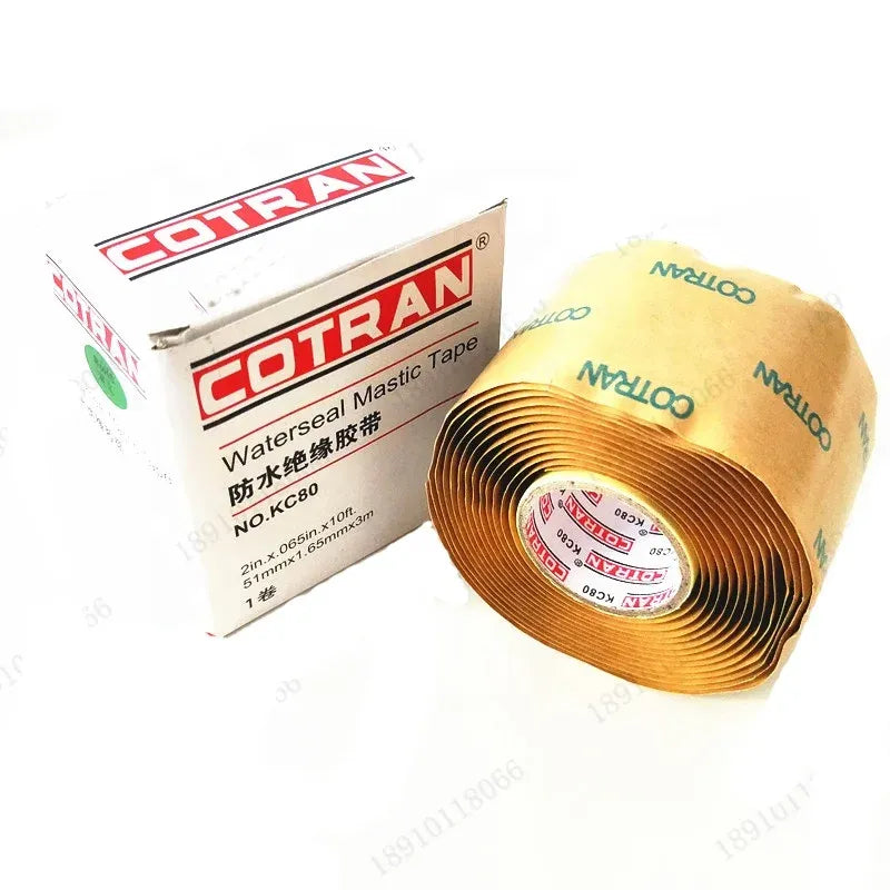 Waterproof mastic tape roll with printed label, black tape wound in a coil
