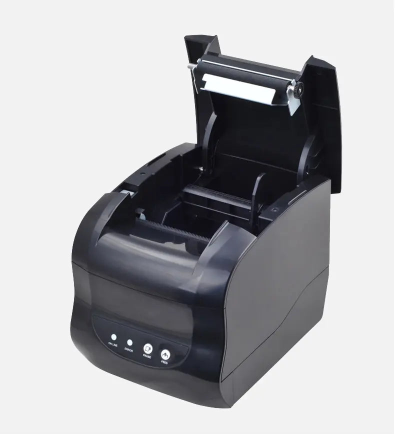 Black thermal printer with open top cover and internal paper feed rollers