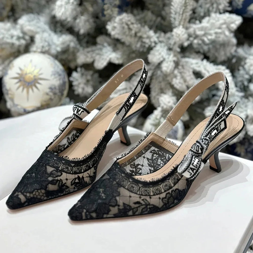 Women Shoes Sexy Stiletto Pointed Toe Transparent Mesh Embroidery Heels, Elastic Strap Evening Footwear for Club Party Occasions