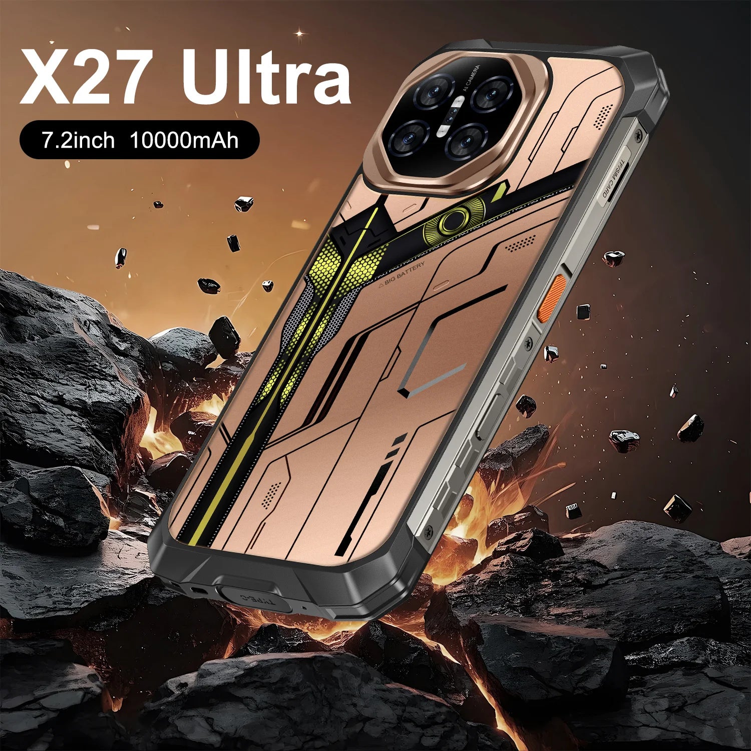 Tidesmit X27 Ultra 5G smartphone with 12GB RAM, 1TB storage, waterproof design, NFC, and large 7.3 inch display.
