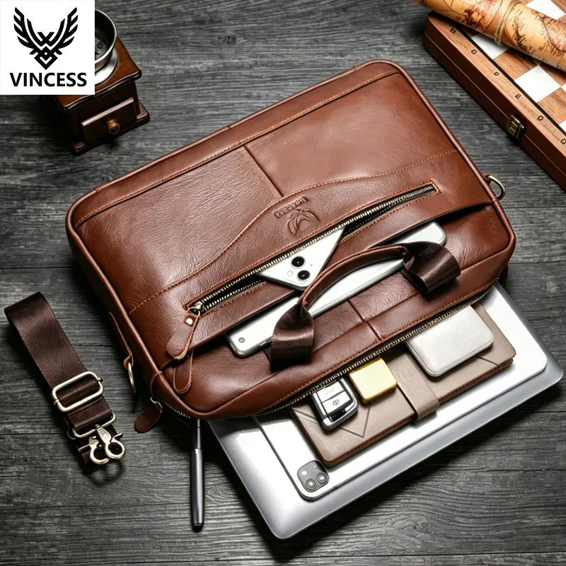 VINCESS Genuine Leather Zipper Closure Business Briefcase Office Executive Lawyer Handbag Men Bag Laptop Computer Crossbody Bag