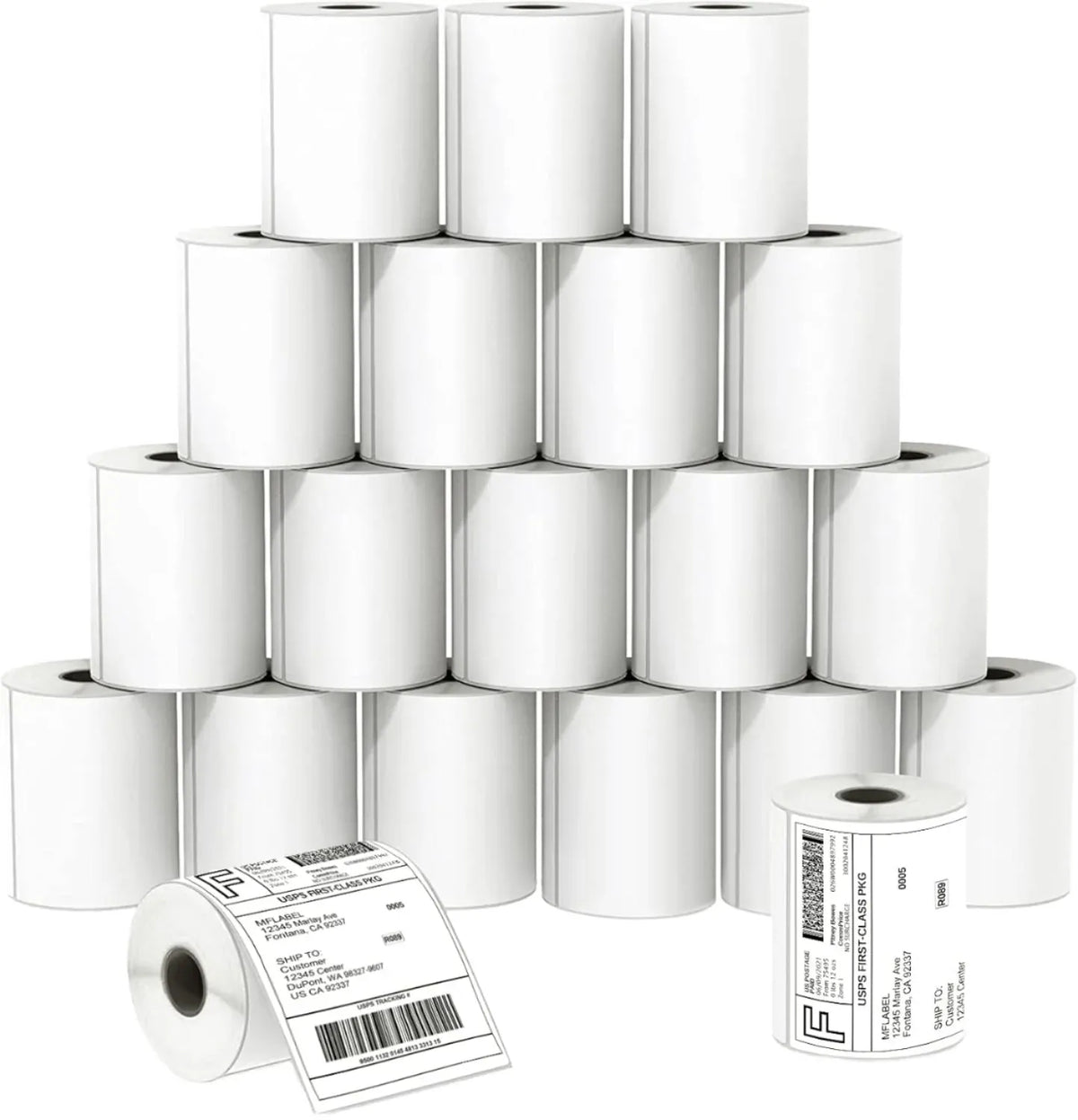 White thermal label rolls with barcode labels on backing, multipack for shipping