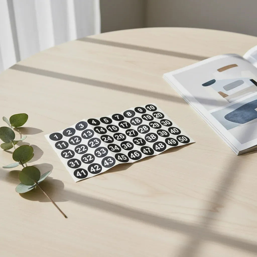 Sheet of self-adhesive numbered round stickers, black circles with white 1–50 labels