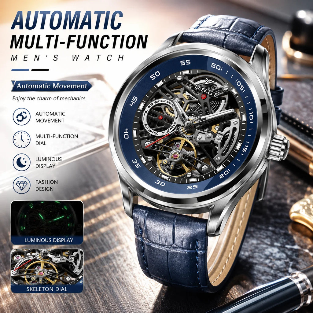 Luxury Fully Automatic Hollow Dial Mechanical Men's Watch Multifunctional Luminous Leather Strap Fashionable Business Watch