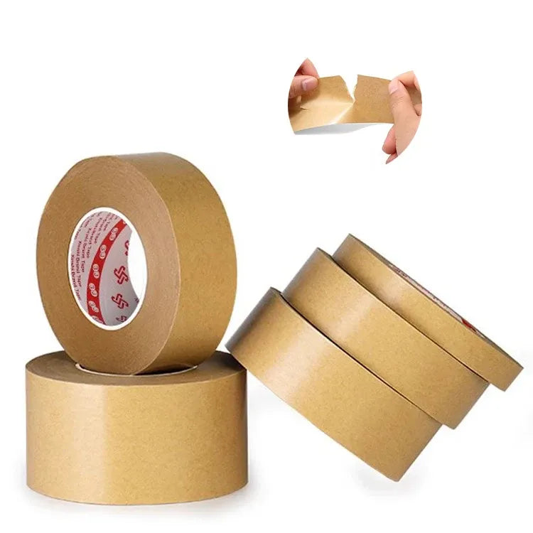 Brown-tan kraft shipping tape rolls with stacked sealing strips