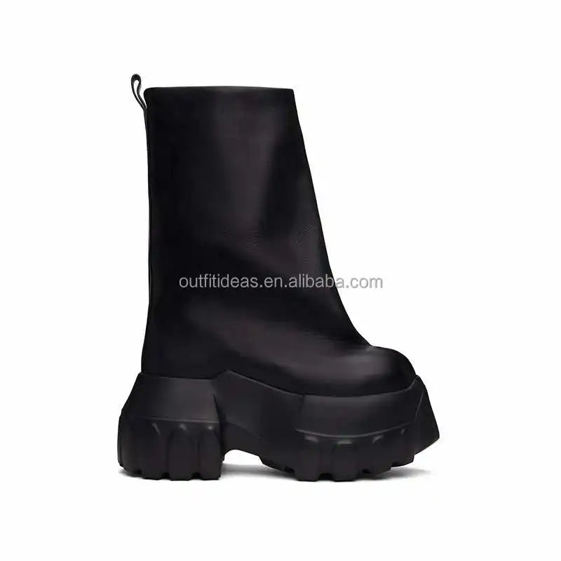 Round Toe Calf Leather Original Unisex Women High Block Heel Platform Dress Shoes Black Men Hollywood Flared Mega Tractor Boots