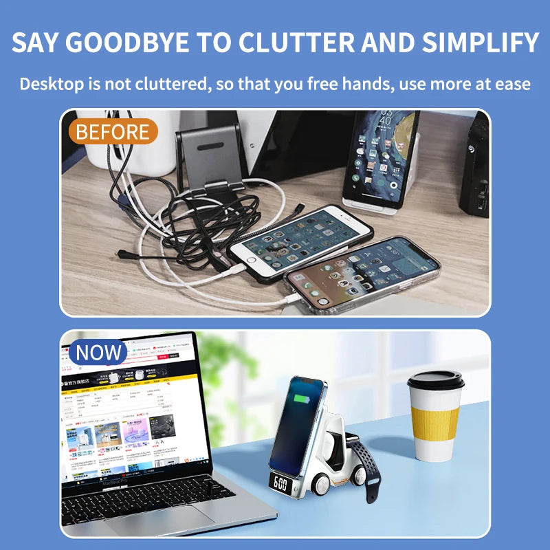 Forklift Model Led Digital Display Clock Wireless Charger Phone Holder Car 3 in 1 Wireless Charging Station Tidesmit