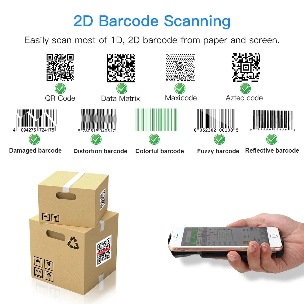 Eyoyo 2D barcode scanner scanning QR and Data Matrix codes on paper and phone