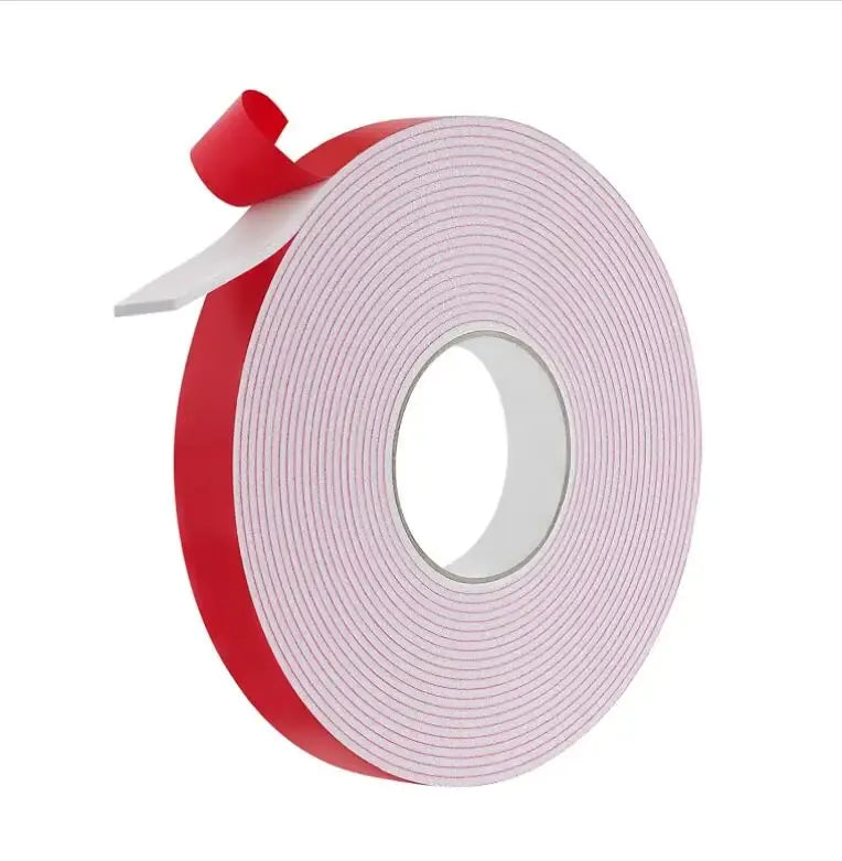 Double-sided heat resistant foam adhesive tape roll, light pink/white with red backing