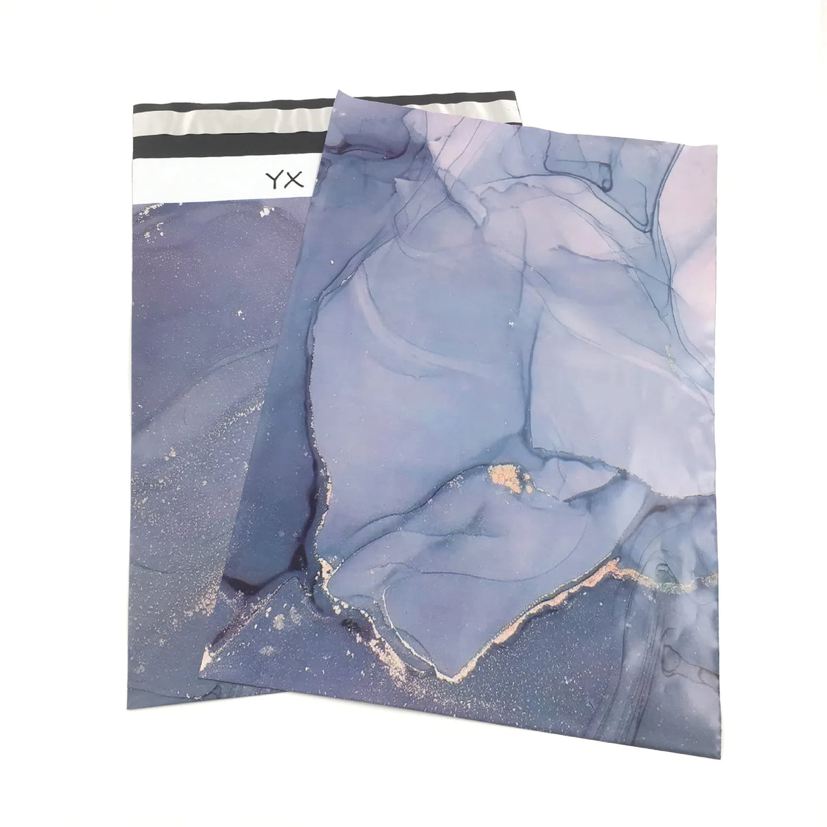 Blue marble print poly mailer bags with top reseal strip