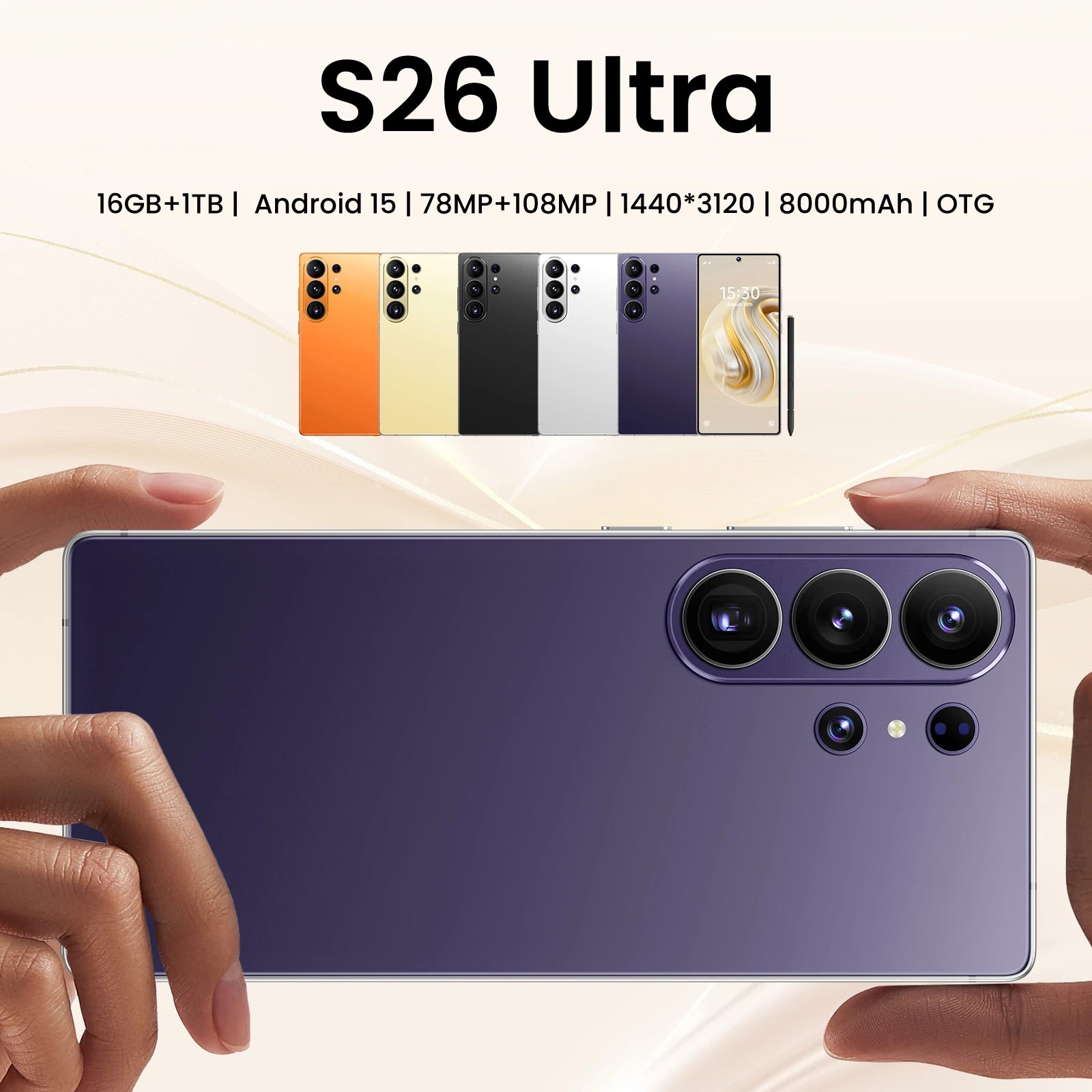 Tidesmit S26 Ultra 5G smartphone with 22GB RAM, 2TB storage, 108MP camera, and 144Hz display in sleek finish.