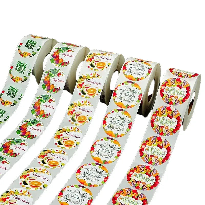 Adhesive label sticker roll with colorful fruit and vegetables theme circular labels