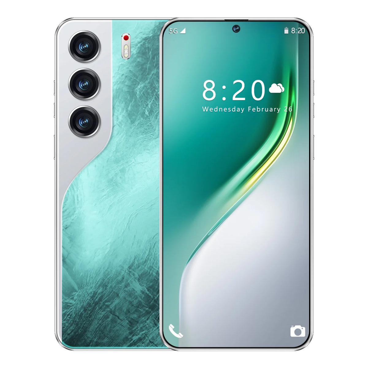 Dual SIM smartphone front and back in teal green color